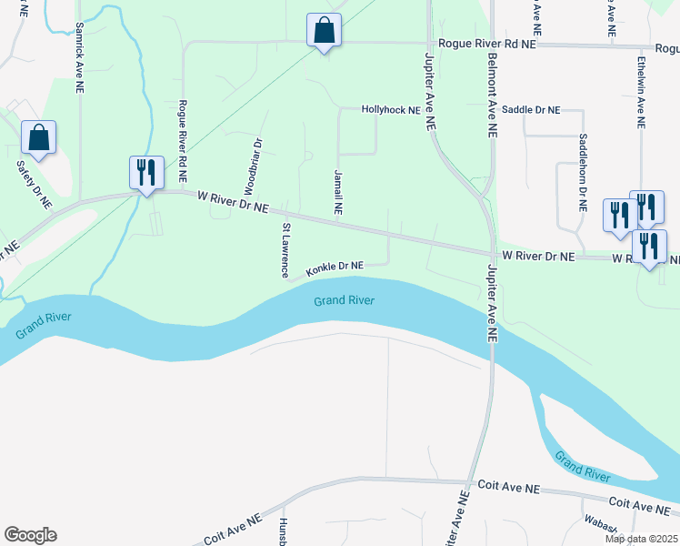 map of restaurants, bars, coffee shops, grocery stores, and more near 2112 Konkle Drive Northeast in Kent County