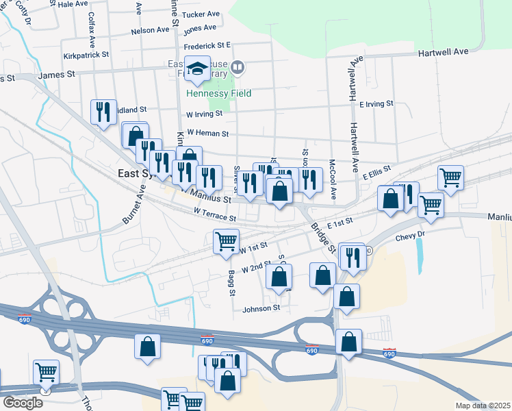 map of restaurants, bars, coffee shops, grocery stores, and more near 131 West Manlius Street in East Syracuse