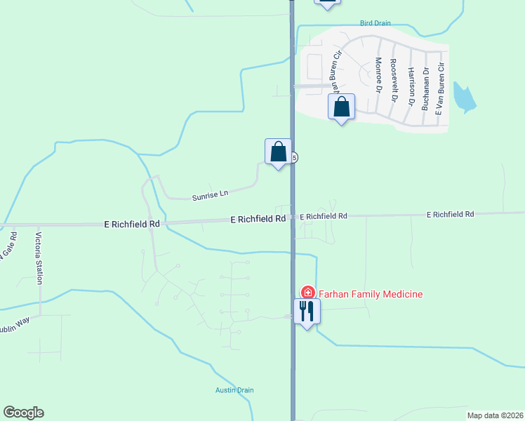map of restaurants, bars, coffee shops, grocery stores, and more near 9446 East Richfield Road in Davison