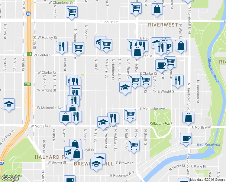 map of restaurants, bars, coffee shops, grocery stores, and more near North Hubbard Street & East Wright Street in Milwaukee