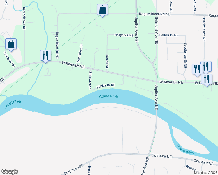 map of restaurants, bars, coffee shops, grocery stores, and more near 2112 Konkle Drive Northeast in Plainfield charter Township