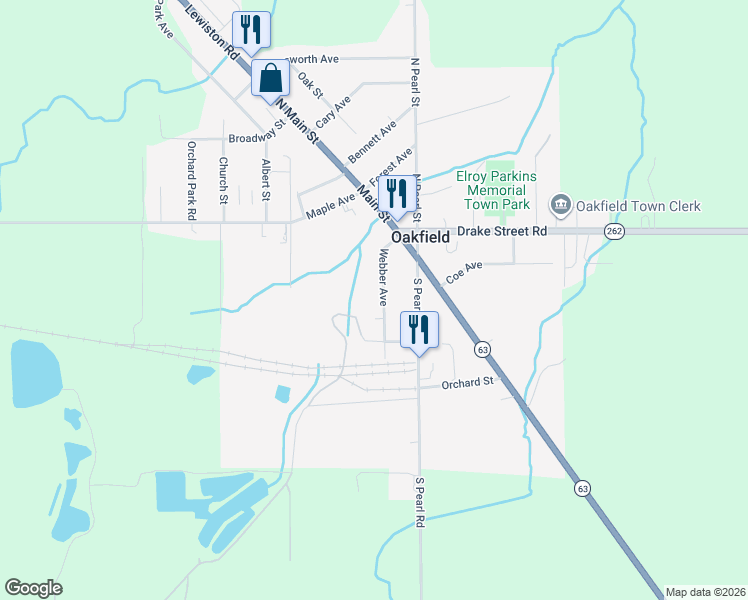 map of restaurants, bars, coffee shops, grocery stores, and more near 32 Webber Avenue in Oakfield