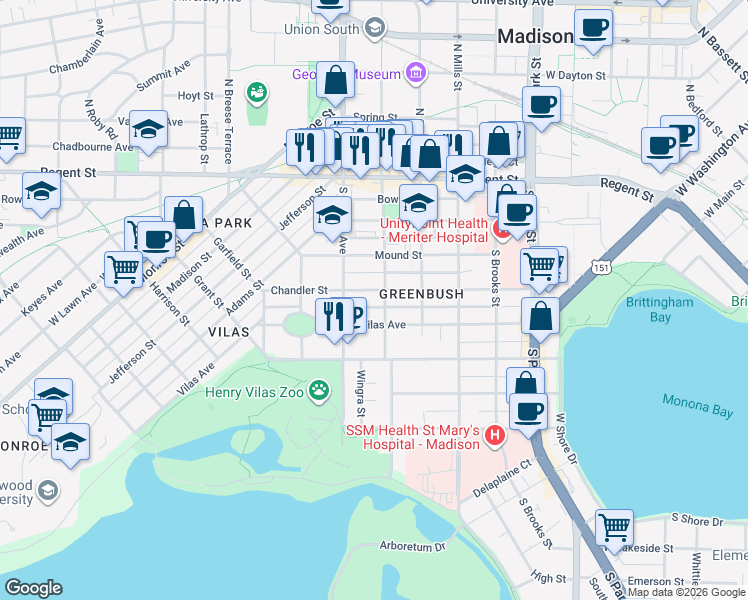 map of restaurants, bars, coffee shops, grocery stores, and more near 314 South Orchard Street in Madison