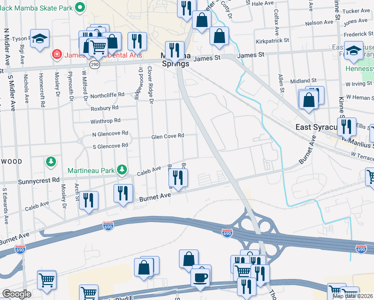 map of restaurants, bars, coffee shops, grocery stores, and more near 1821 Caleb Avenue in Syracuse