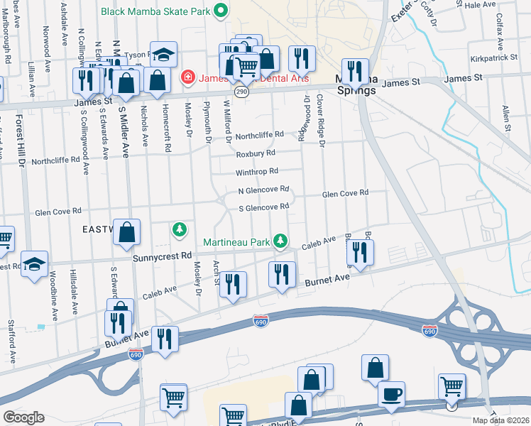 map of restaurants, bars, coffee shops, grocery stores, and more near 116 Erickson Street in Syracuse