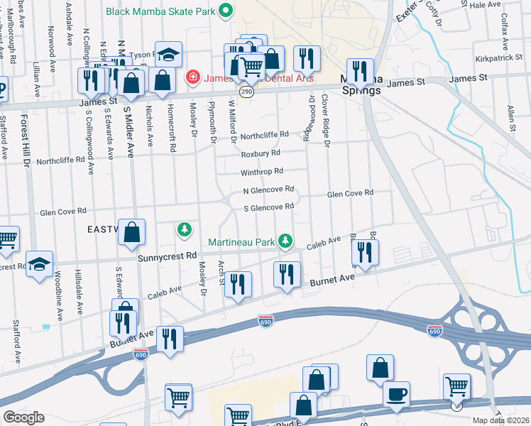 map of restaurants, bars, coffee shops, grocery stores, and more near 116 Erickson Street in Syracuse