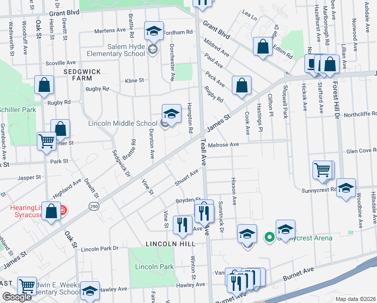 map of restaurants, bars, coffee shops, grocery stores, and more near 1211-13 Teall Avenue in Syracuse