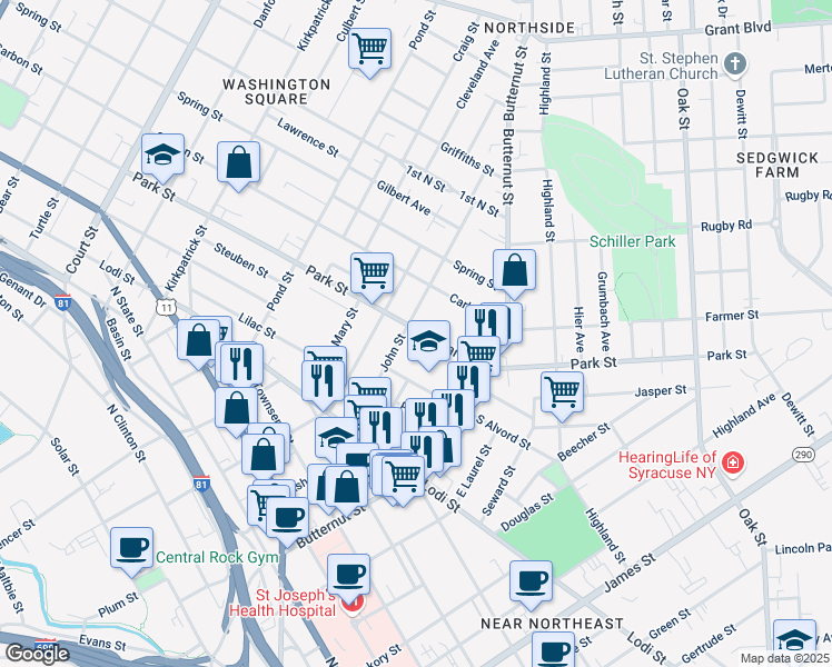 map of restaurants, bars, coffee shops, grocery stores, and more near 156 John Street in Syracuse
