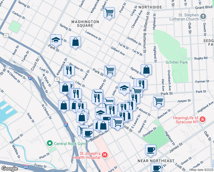 map of restaurants, bars, coffee shops, grocery stores, and more near 641 East Division Street in Syracuse