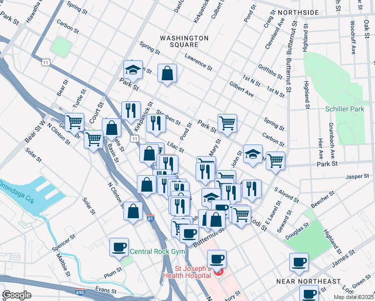 map of restaurants, bars, coffee shops, grocery stores, and more near 141 Lilac Street in Syracuse