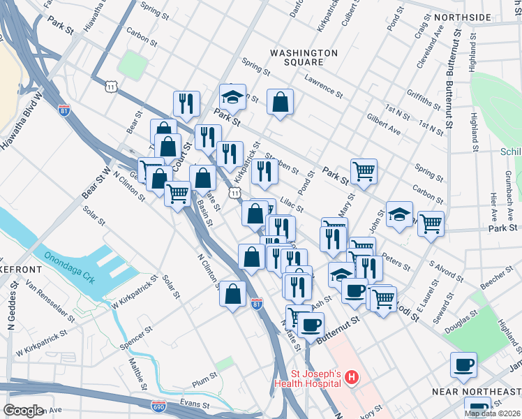 map of restaurants, bars, coffee shops, grocery stores, and more near 910-12 North Salina Street in Syracuse