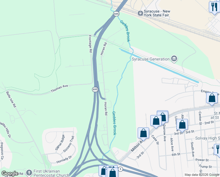 map of restaurants, bars, coffee shops, grocery stores, and more near 407 Horan Road in Syracuse