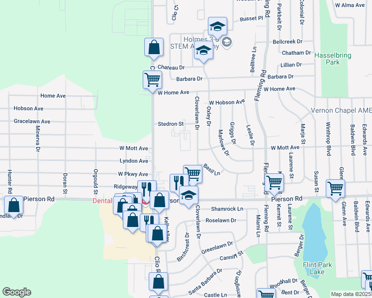 map of restaurants, bars, coffee shops, grocery stores, and more near 5509 Cloverlawn Drive in Flint