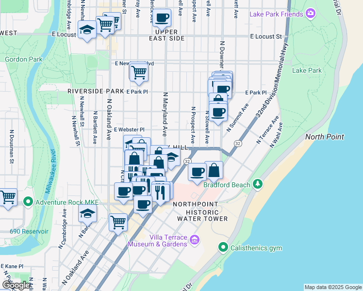 map of restaurants, bars, coffee shops, grocery stores, and more near 2323 East Bradford Avenue in Milwaukee