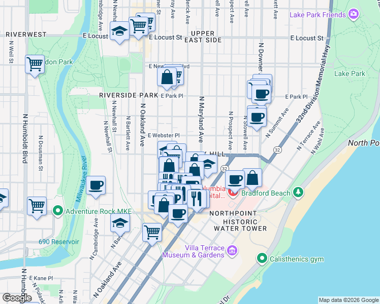 map of restaurants, bars, coffee shops, grocery stores, and more near 2119 East Bradford Avenue in Milwaukee