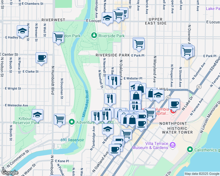 map of restaurants, bars, coffee shops, grocery stores, and more near 2497-2499 North Bartlett Avenue in Milwaukee