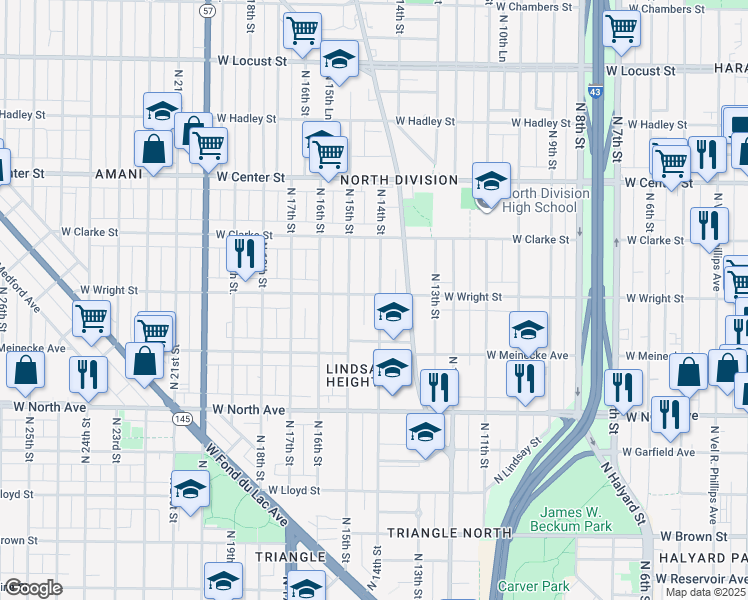map of restaurants, bars, coffee shops, grocery stores, and more near 2450 North 14th Street in Milwaukee