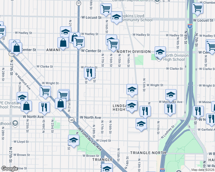 map of restaurants, bars, coffee shops, grocery stores, and more near 2453 North 16th Street in Milwaukee