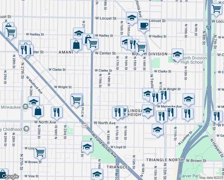 map of restaurants, bars, coffee shops, grocery stores, and more near 2454 North 18th Street in Milwaukee