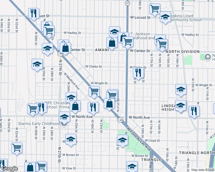 map of restaurants, bars, coffee shops, grocery stores, and more near 2455 North 22nd Street in Milwaukee