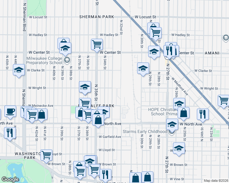 map of restaurants, bars, coffee shops, grocery stores, and more near 2449 North 33rd Street in Milwaukee