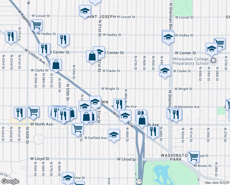 map of restaurants, bars, coffee shops, grocery stores, and more near 2447 North 49th Street in Milwaukee