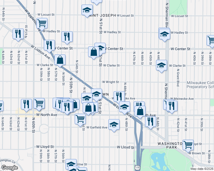 map of restaurants, bars, coffee shops, grocery stores, and more near 2447 North 50th Street in Milwaukee