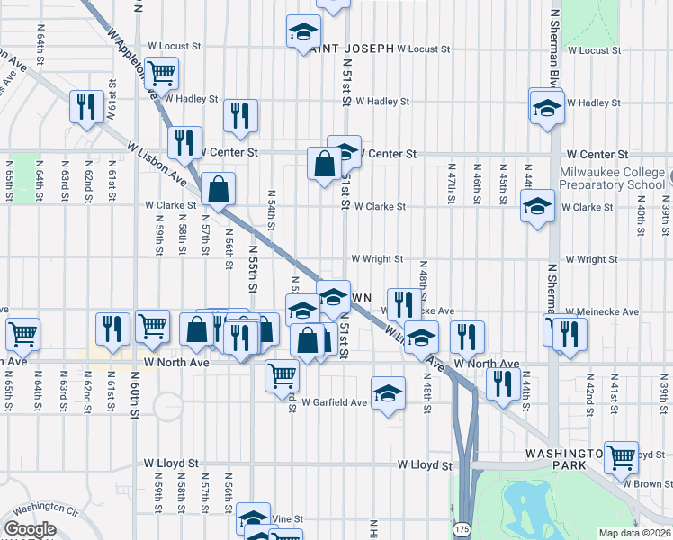 map of restaurants, bars, coffee shops, grocery stores, and more near in Milwaukee