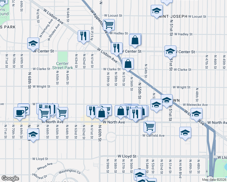 map of restaurants, bars, coffee shops, grocery stores, and more near 2445 North 58th Street in Milwaukee