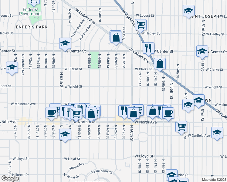 map of restaurants, bars, coffee shops, grocery stores, and more near 2443 North 62nd Street in Wauwatosa