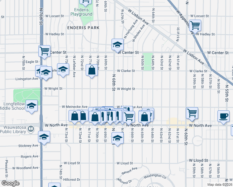 map of restaurants, bars, coffee shops, grocery stores, and more near 2436 North 68th Street in Wauwatosa
