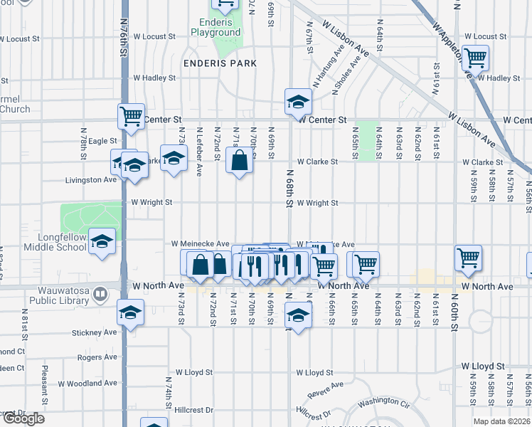 map of restaurants, bars, coffee shops, grocery stores, and more near 2443 North 69th Street in Wauwatosa