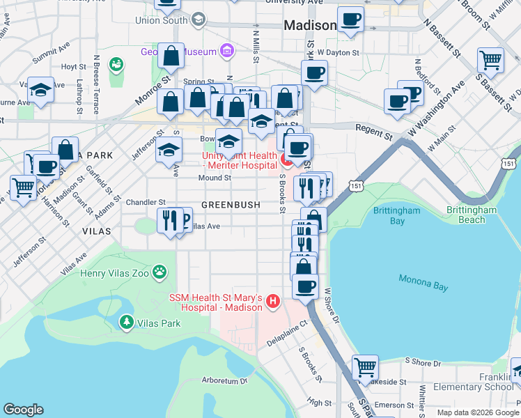 map of restaurants, bars, coffee shops, grocery stores, and more near 318 South Mills Street in Madison