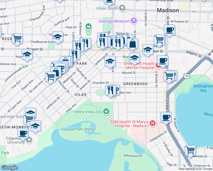 map of restaurants, bars, coffee shops, grocery stores, and more near 1438 Vilas Avenue in Madison
