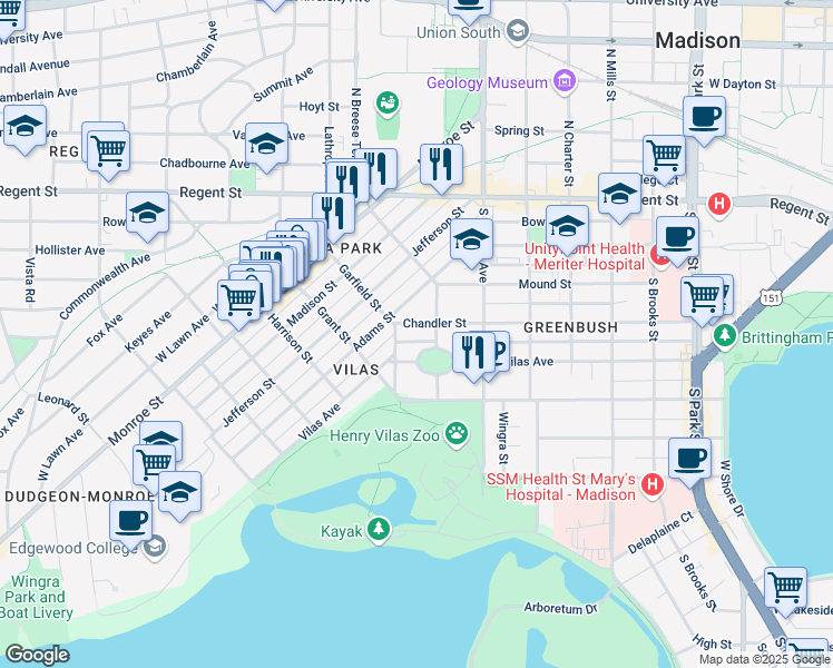map of restaurants, bars, coffee shops, grocery stores, and more near 1115 Garfield Street in Madison