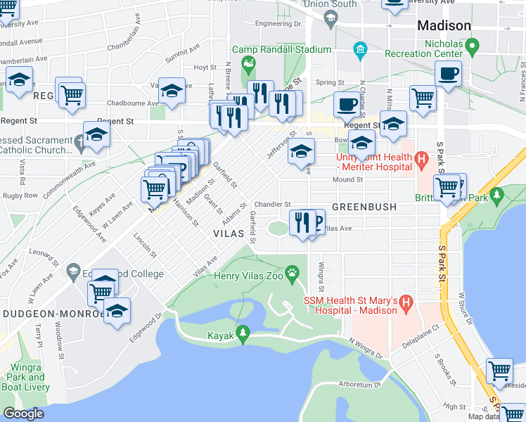 map of restaurants, bars, coffee shops, grocery stores, and more near 1115 Garfield Street in Madison