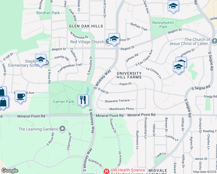 map of restaurants, bars, coffee shops, grocery stores, and more near 5214 South Hill Drive in Madison