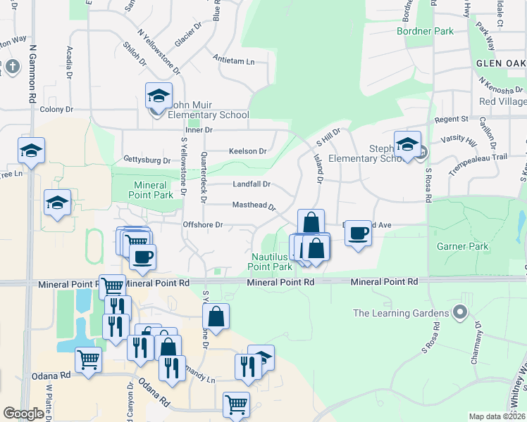map of restaurants, bars, coffee shops, grocery stores, and more near 212 Nautilus Drive in Madison