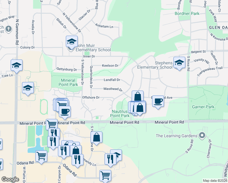 map of restaurants, bars, coffee shops, grocery stores, and more near 212 Nautilus Drive in Madison