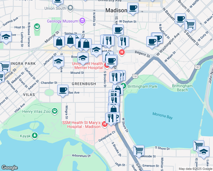 map of restaurants, bars, coffee shops, grocery stores, and more near 307 South Brooks Street in Madison