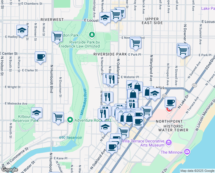 map of restaurants, bars, coffee shops, grocery stores, and more near 2497-2499 North Bartlett Avenue in Milwaukee