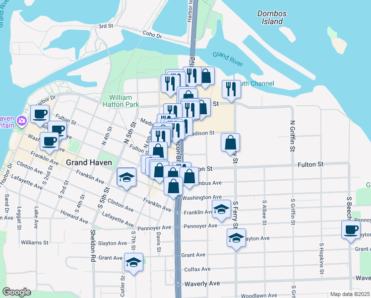 map of restaurants, bars, coffee shops, grocery stores, and more near 816 Elliott Avenue in Grand Haven
