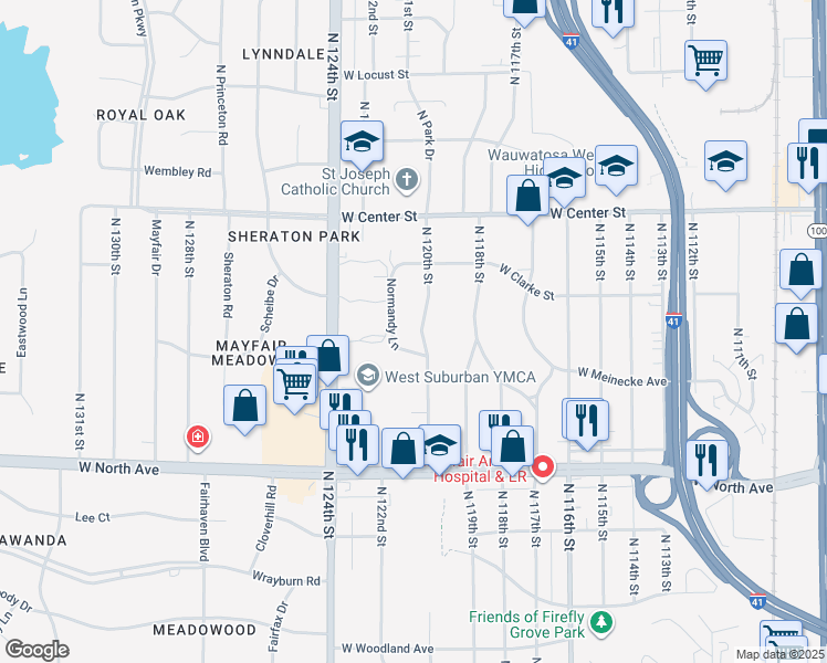 map of restaurants, bars, coffee shops, grocery stores, and more near 2411 North 120th Street in Wauwatosa