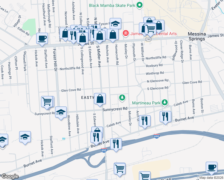 map of restaurants, bars, coffee shops, grocery stores, and more near 122 Avon Road in Syracuse