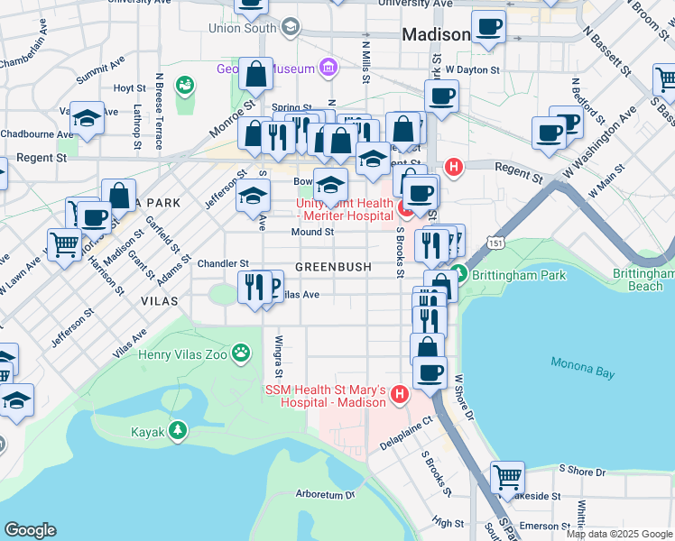 map of restaurants, bars, coffee shops, grocery stores, and more near 301 South Charter Street in Madison