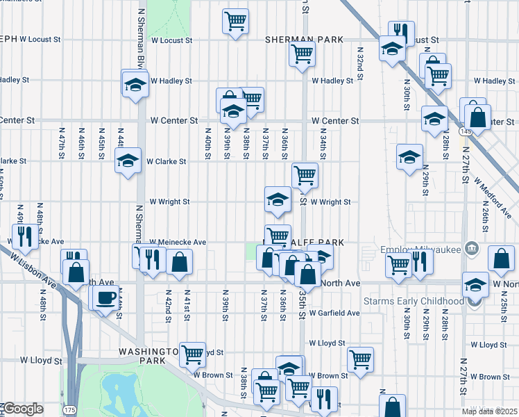 map of restaurants, bars, coffee shops, grocery stores, and more near 2445 North 37th Street in Milwaukee