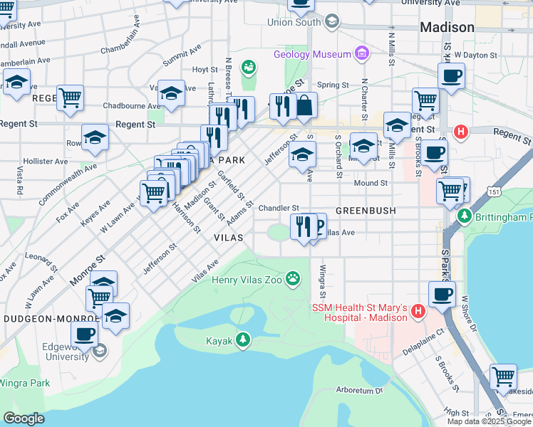 map of restaurants, bars, coffee shops, grocery stores, and more near 1515 Chandler Street in Madison