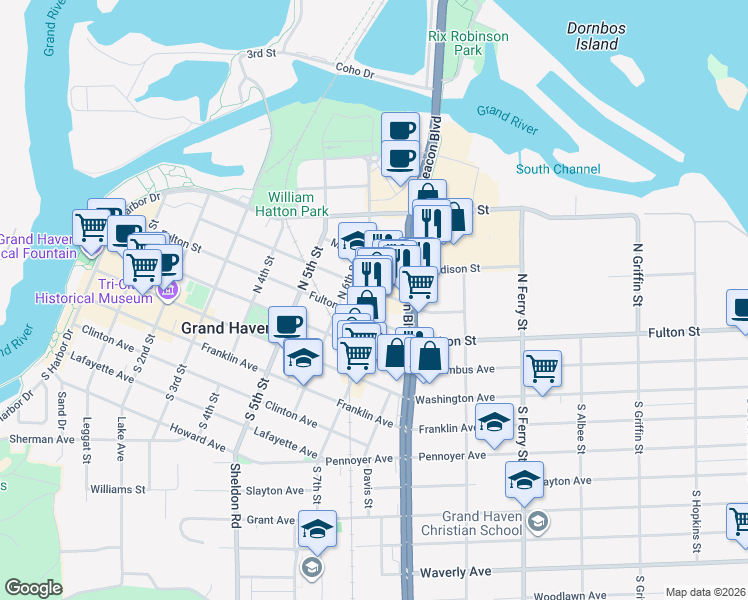 map of restaurants, bars, coffee shops, grocery stores, and more near 219 North 7th Street in Grand Haven