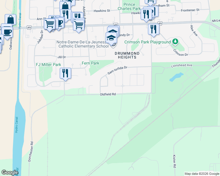 map of restaurants, bars, coffee shops, grocery stores, and more near 7763 Oldfield Road in Niagara Falls