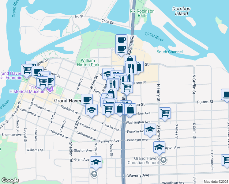 map of restaurants, bars, coffee shops, grocery stores, and more near 219 North 7th Street in Grand Haven